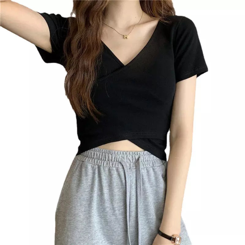 V-Neck Slim Short Sleeve T-shirt - Swiss K-POPup