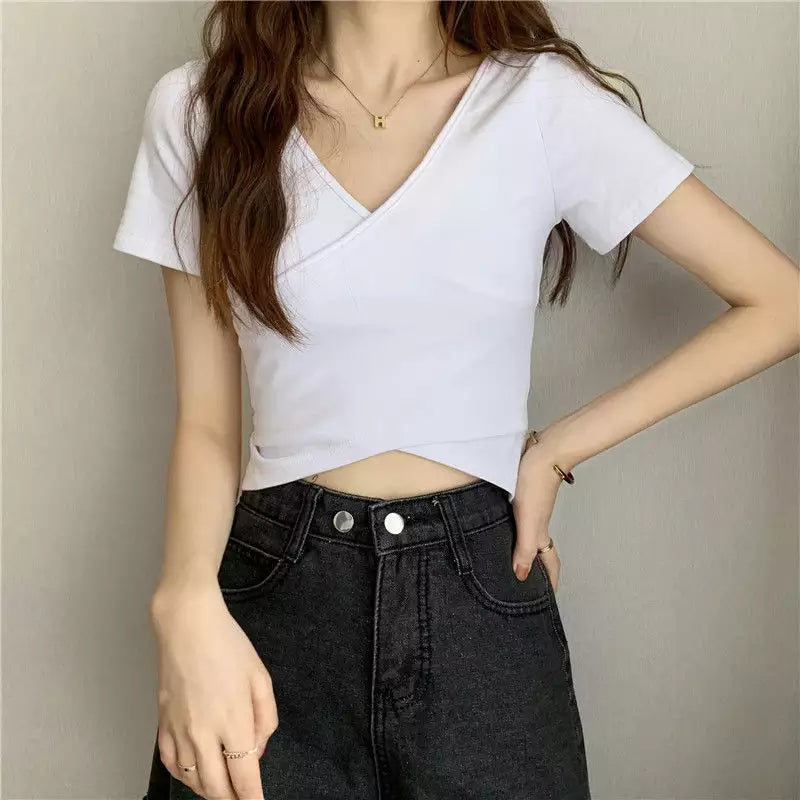 V-Neck Slim Short Sleeve T-shirt - Swiss K-POPup