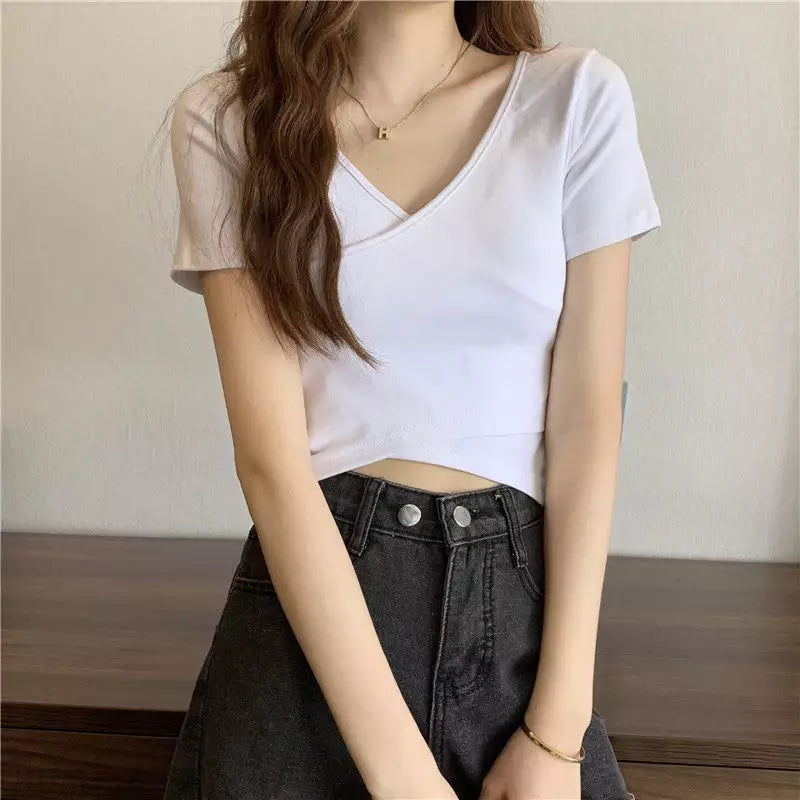 V-Neck Slim Short Sleeve T-shirt - Swiss K-POPup