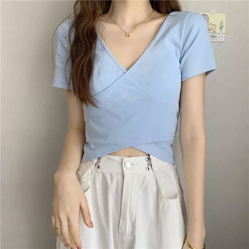 V-Neck Slim Short Sleeve T-shirt - Swiss K-POPup